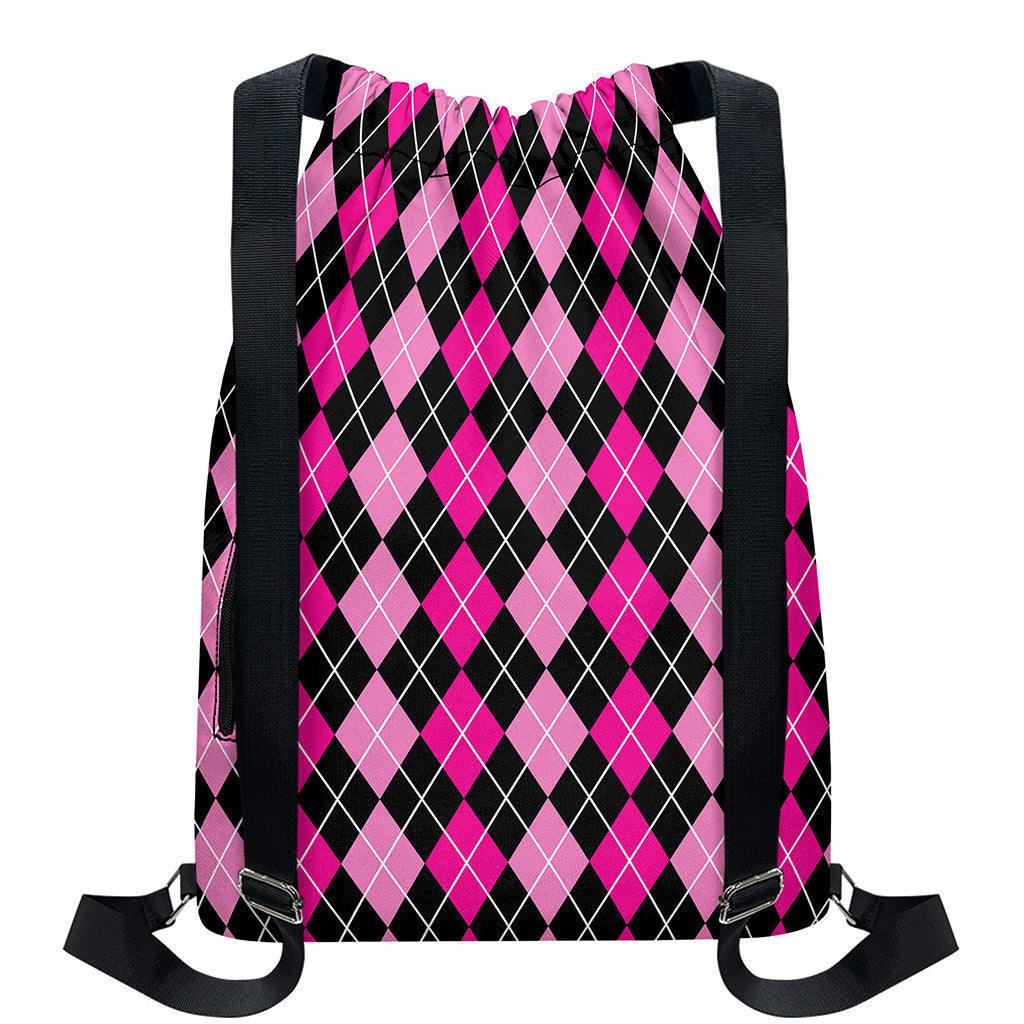 Deep Pink And Black Argyle Pattern Print Drawstring Backpack