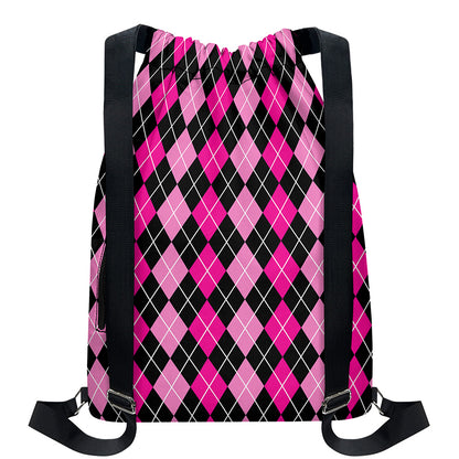 Deep Pink And Black Argyle Pattern Print Drawstring Backpack