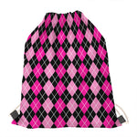 Deep Pink And Black Argyle Pattern Print Drawstring Bag