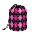 Deep Pink And Black Argyle Pattern Print Drawstring Makeup Bag