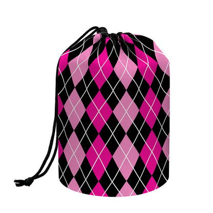 Deep Pink And Black Argyle Pattern Print Drawstring Makeup Bag