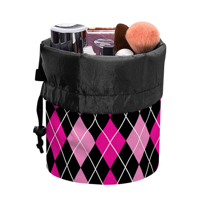 Deep Pink And Black Argyle Pattern Print Drawstring Makeup Bag