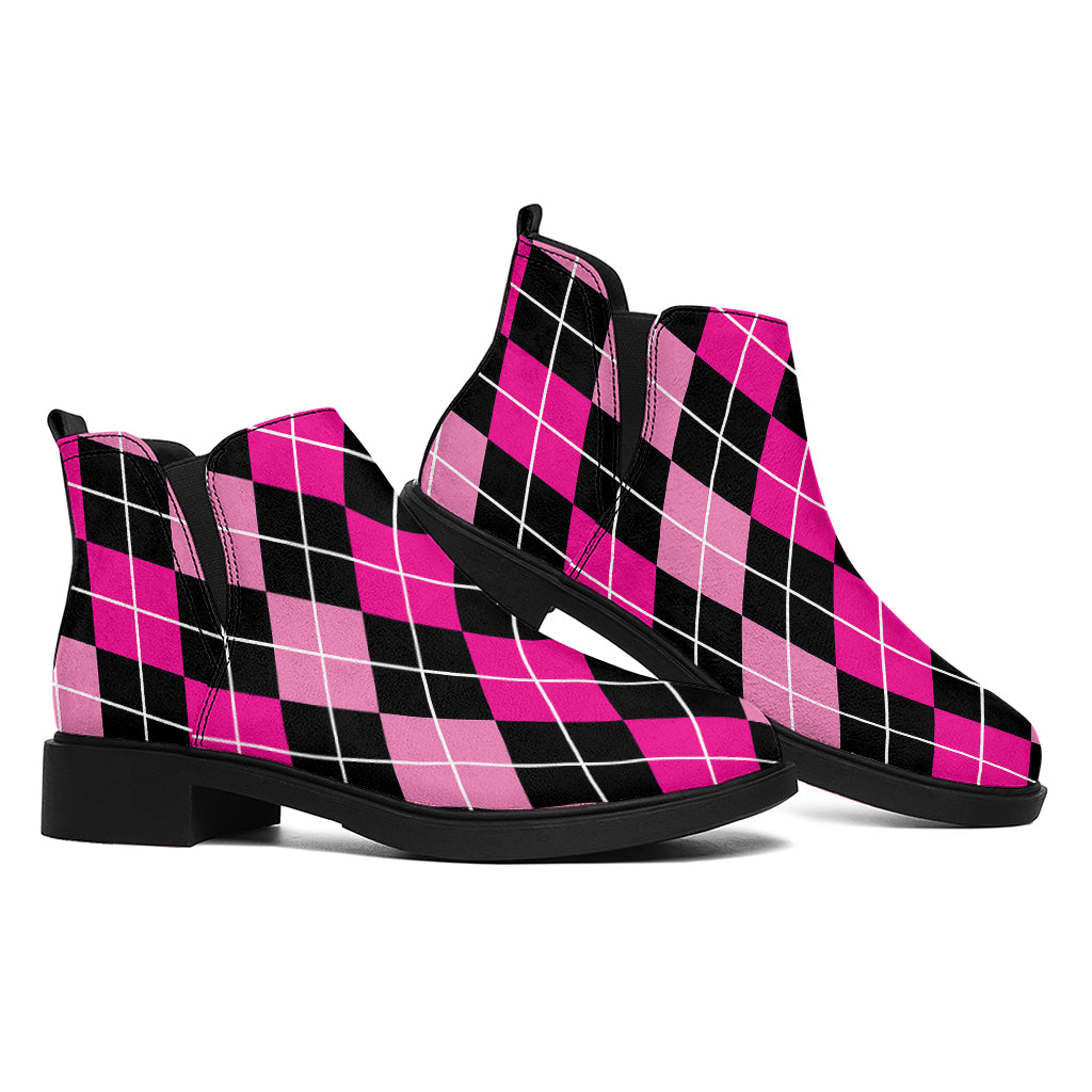 Deep Pink And Black Argyle Pattern Print Flat Ankle Boots