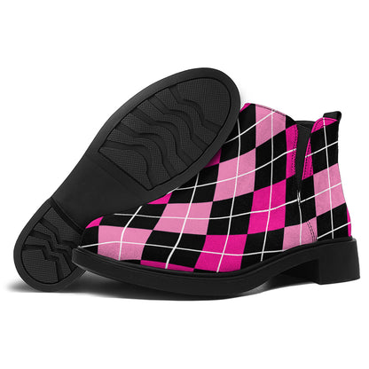Deep Pink And Black Argyle Pattern Print Flat Ankle Boots