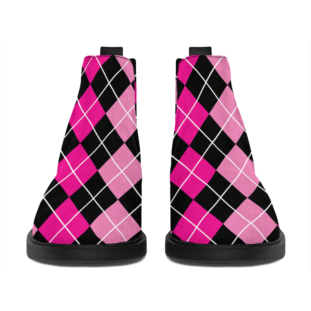 Deep Pink And Black Argyle Pattern Print Flat Ankle Boots