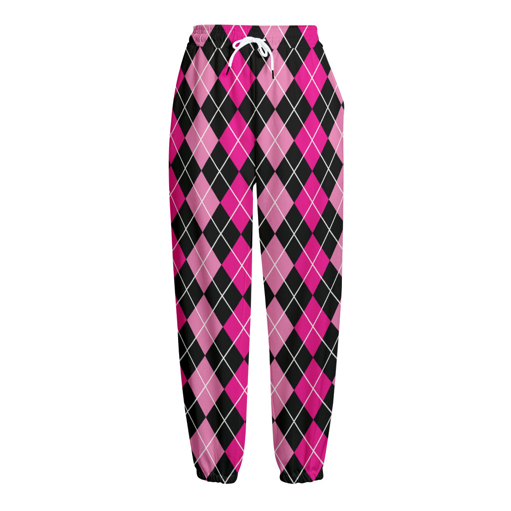 Deep Pink And Black Argyle Pattern Print Fleece Lined Knit Pants