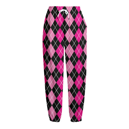 Deep Pink And Black Argyle Pattern Print Fleece Lined Knit Pants