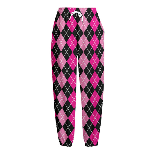 Deep Pink And Black Argyle Pattern Print Fleece Lined Knit Pants