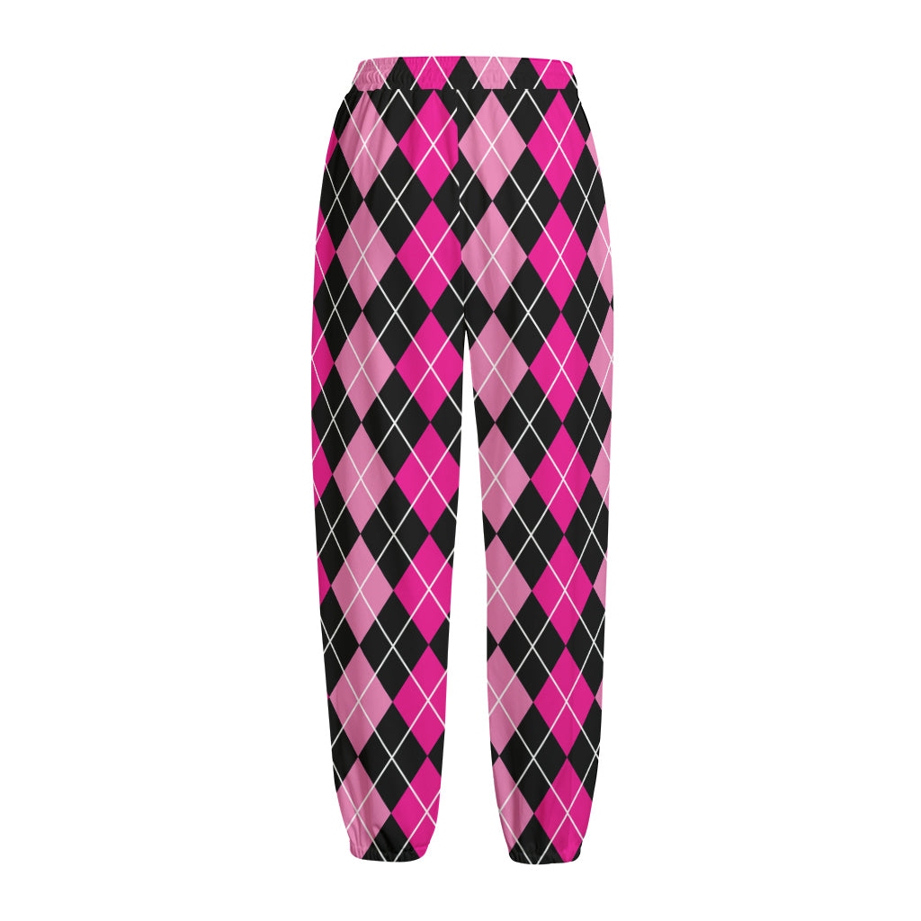 Deep Pink And Black Argyle Pattern Print Fleece Lined Knit Pants
