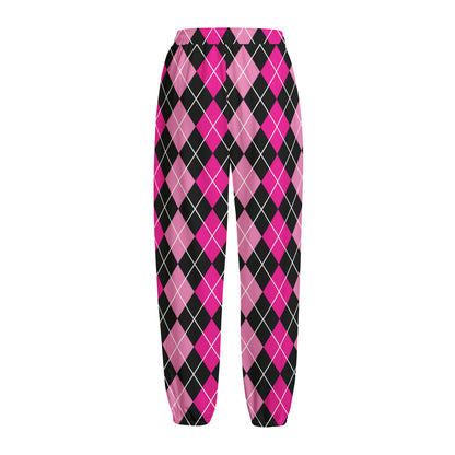 Deep Pink And Black Argyle Pattern Print Fleece Lined Knit Pants