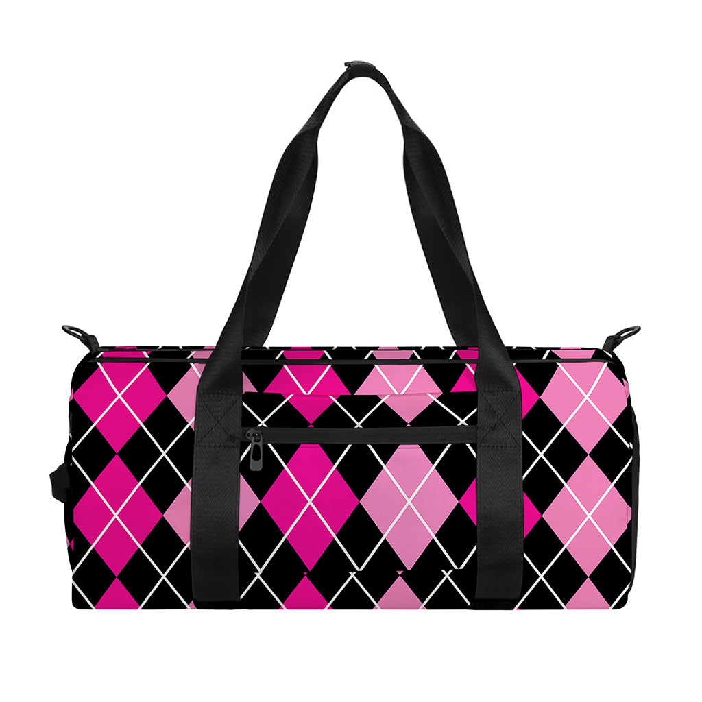 Deep Pink And Black Argyle Pattern Print Gym Bag