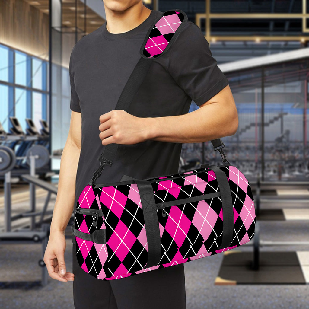 Deep Pink And Black Argyle Pattern Print Gym Bag