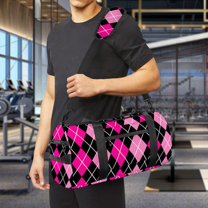 Deep Pink And Black Argyle Pattern Print Gym Bag