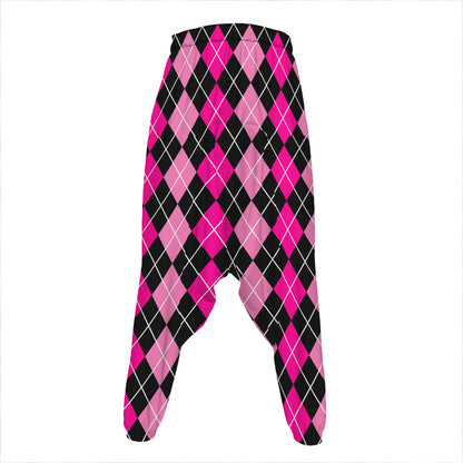 Deep Pink And Black Argyle Pattern Print Hammer Pants