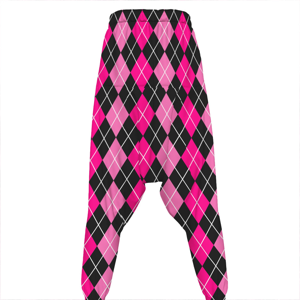 Deep Pink And Black Argyle Pattern Print Hammer Pants