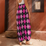 Deep Pink And Black Argyle Pattern Print Harem Pants