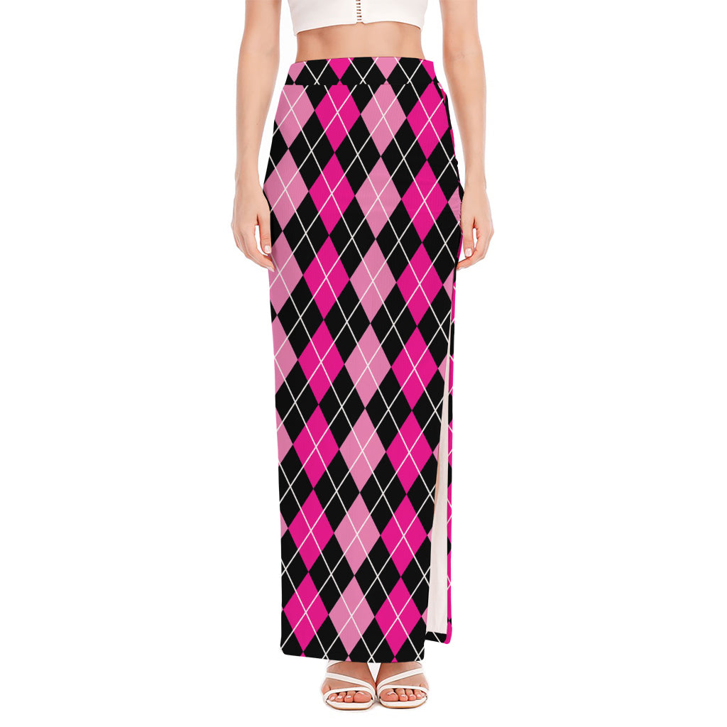 Deep Pink And Black Argyle Pattern Print High Slit Maxi Skirt