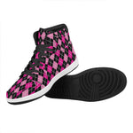 Deep Pink And Black Argyle Pattern Print High Top Leather Sneakers