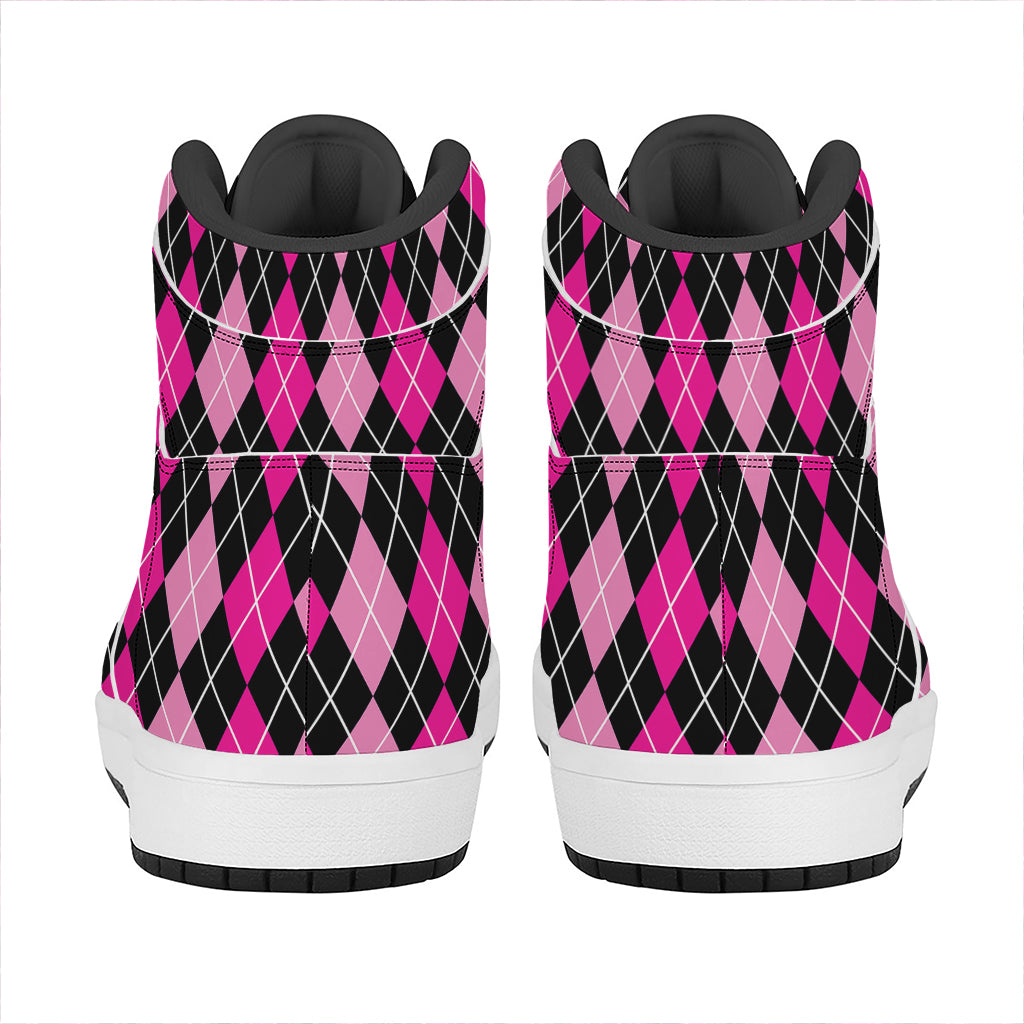 Deep Pink And Black Argyle Pattern Print High Top Leather Sneakers