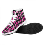 Deep Pink And Black Argyle Pattern Print High Top Leather Sneakers