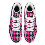 Deep Pink And Black Argyle Pattern Print High Top Leather Sneakers