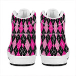 Deep Pink And Black Argyle Pattern Print High Top Leather Sneakers