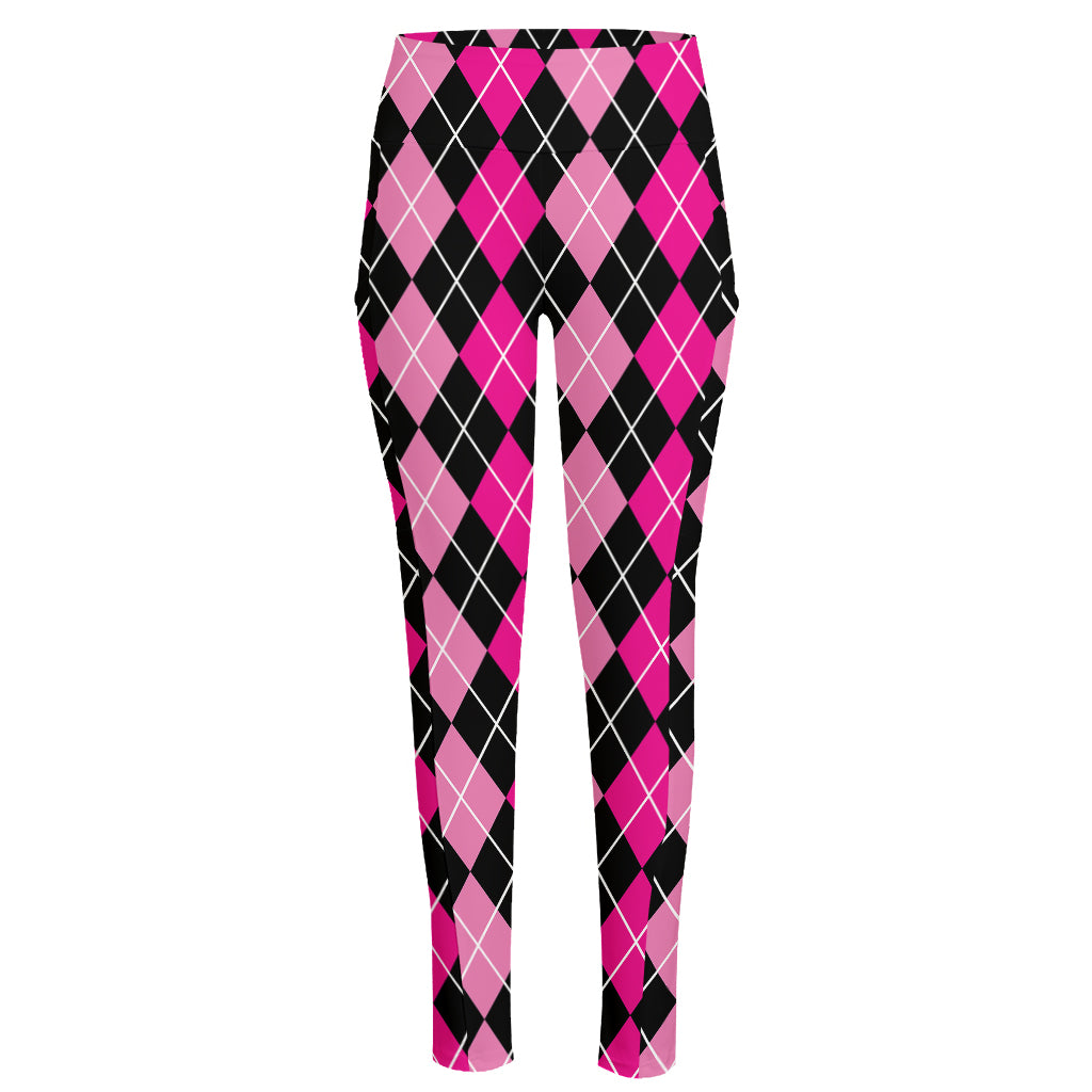 Deep Pink And Black Argyle Pattern Print High-Waisted Pocket Leggings