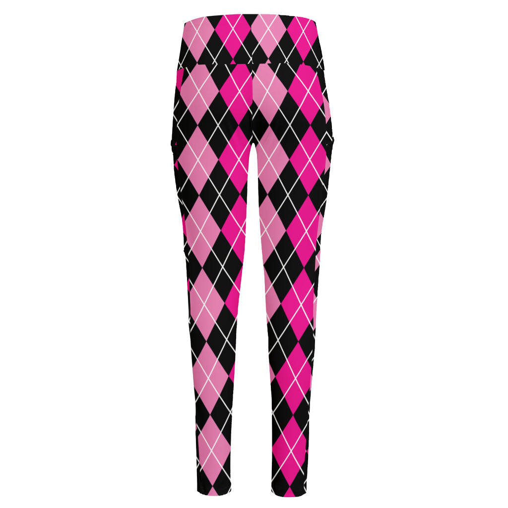 Deep Pink And Black Argyle Pattern Print High-Waisted Pocket Leggings