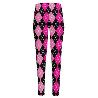 Deep Pink And Black Argyle Pattern Print High-Waisted Pocket Leggings