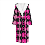 Deep Pink And Black Argyle Pattern Print Hooded Bathrobe