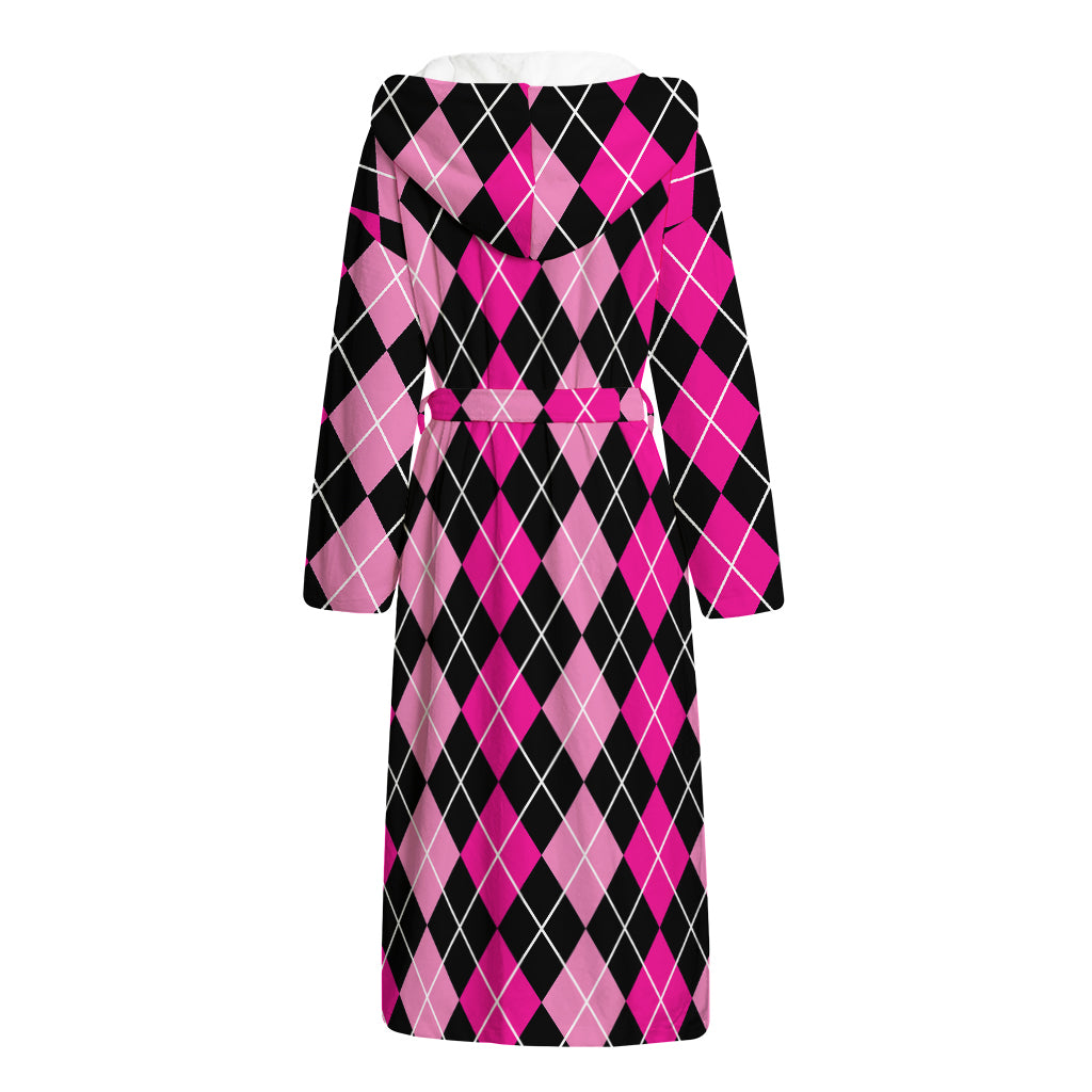 Deep Pink And Black Argyle Pattern Print Hooded Bathrobe