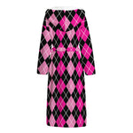 Deep Pink And Black Argyle Pattern Print Hooded Bathrobe