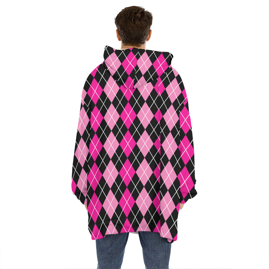 Deep Pink And Black Argyle Pattern Print Hoodie Blanket