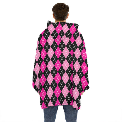 Deep Pink And Black Argyle Pattern Print Hoodie Blanket