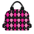 Deep Pink And Black Argyle Pattern Print Insulated Lunch Bag