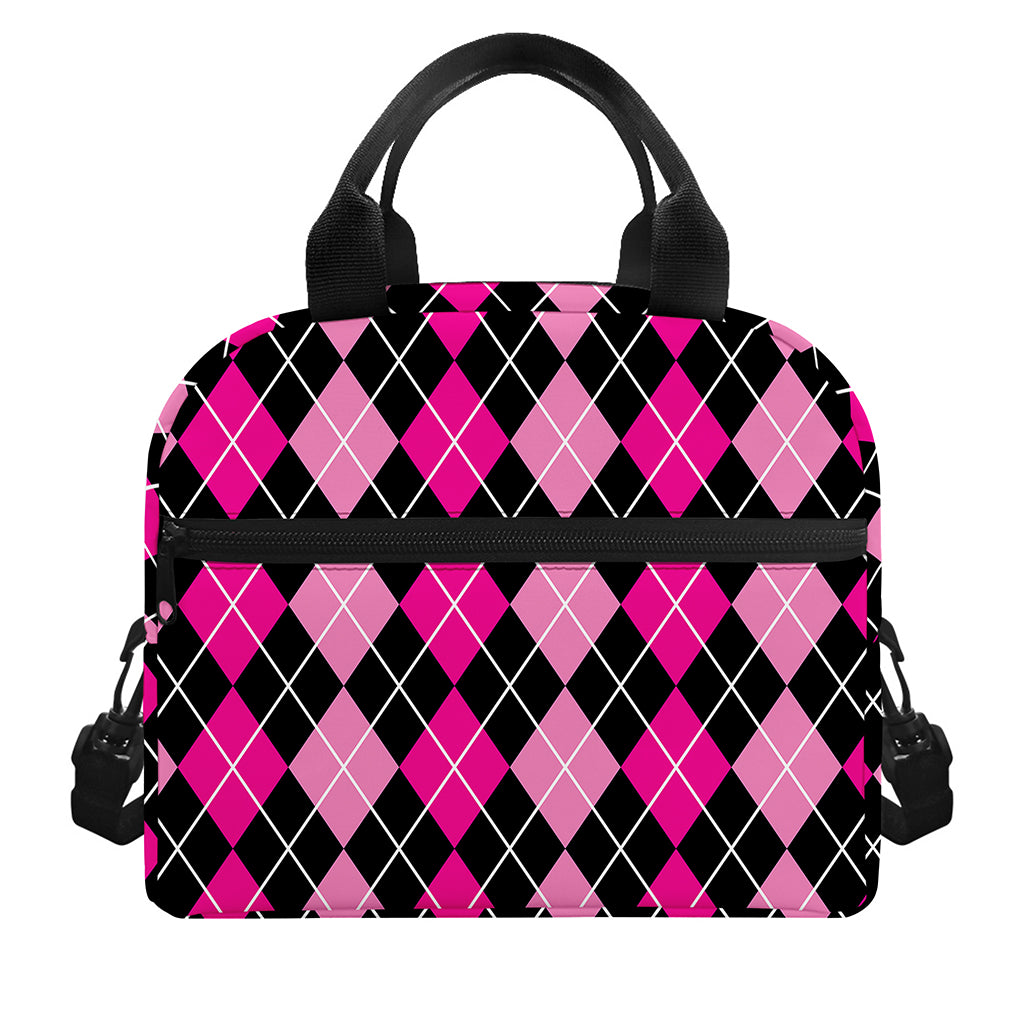 Deep Pink And Black Argyle Pattern Print Insulated Lunch Bag