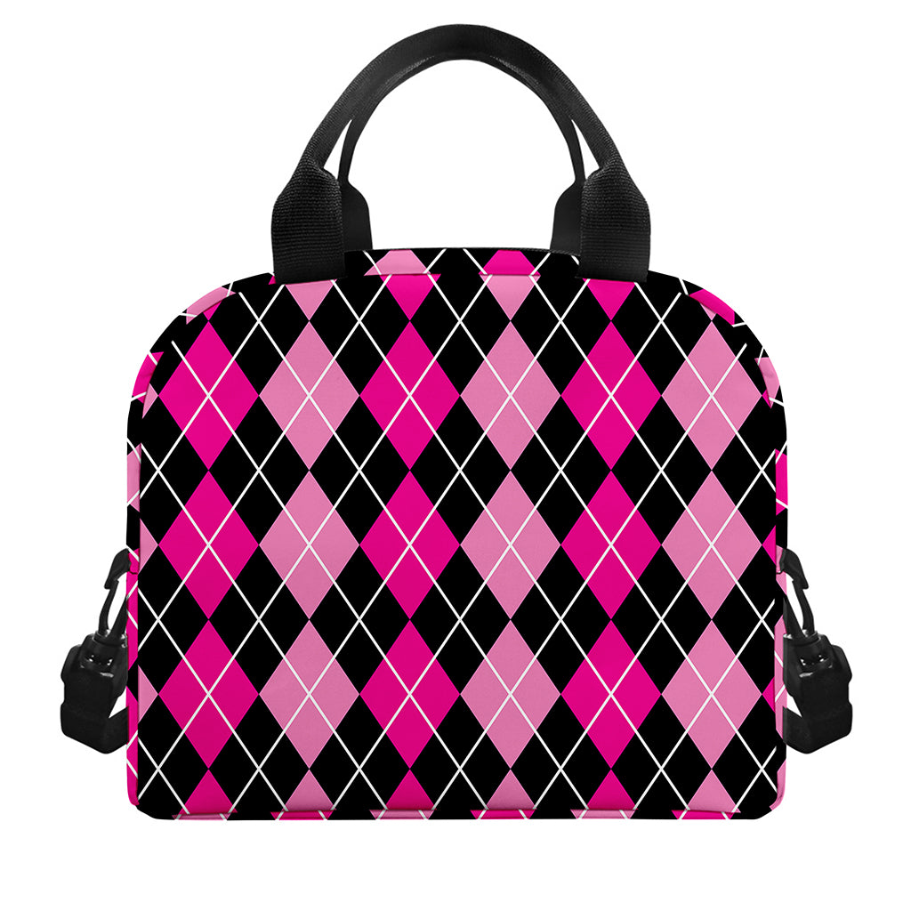 Deep Pink And Black Argyle Pattern Print Insulated Lunch Bag