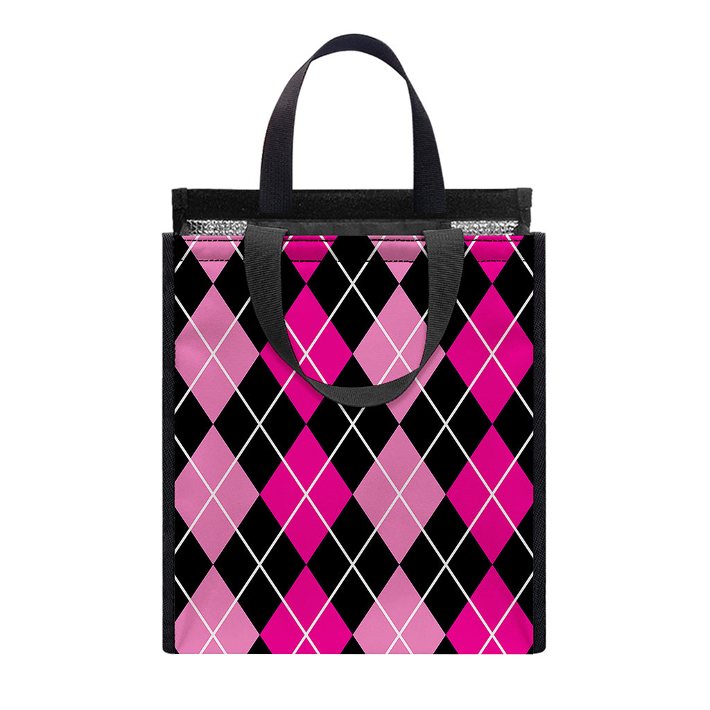 Deep Pink And Black Argyle Pattern Print Insulated Lunch Tote
