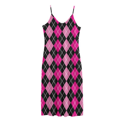 Deep Pink And Black Argyle Pattern Print Jersey Midi Cami Dress