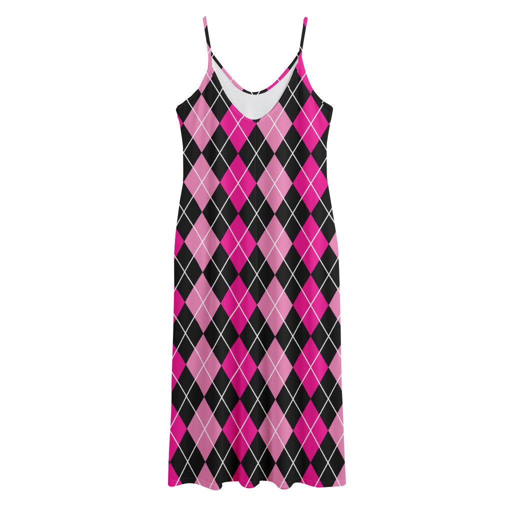 Deep Pink And Black Argyle Pattern Print Jersey Midi Cami Dress