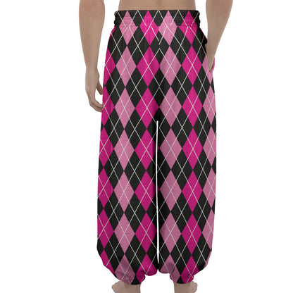Deep Pink And Black Argyle Pattern Print Lantern Pants