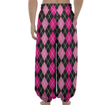 Deep Pink And Black Argyle Pattern Print Lantern Pants