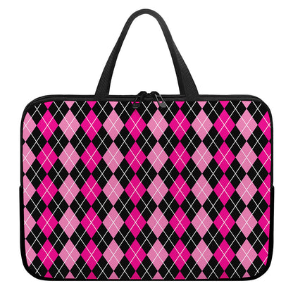 Deep Pink And Black Argyle Pattern Print Laptop Sleeve With Handle