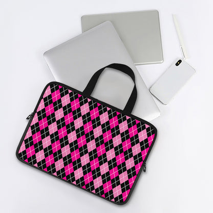 Deep Pink And Black Argyle Pattern Print Laptop Sleeve With Handle