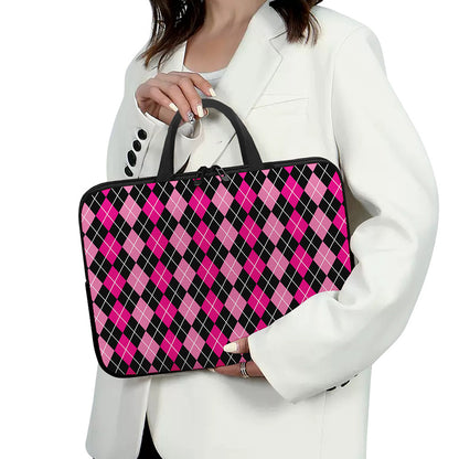 Deep Pink And Black Argyle Pattern Print Laptop Sleeve With Handle