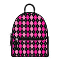 Deep Pink And Black Argyle Pattern Print Leather Backpack
