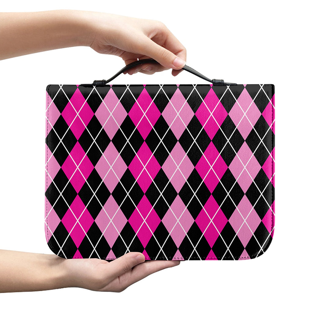 Deep Pink And Black Argyle Pattern Print Leather Bible Cover