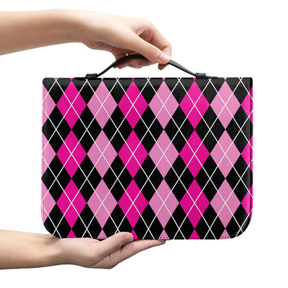 Deep Pink And Black Argyle Pattern Print Leather Bible Cover