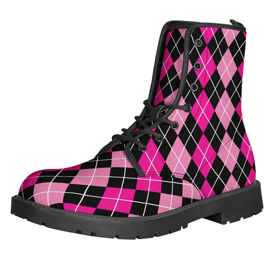 Deep Pink And Black Argyle Pattern Print Backpack