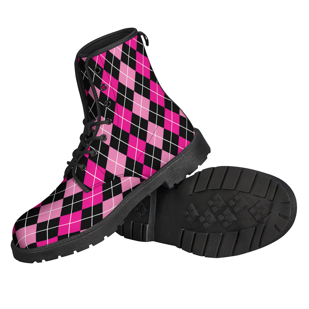 Deep Pink And Black Argyle Pattern Print Backpack